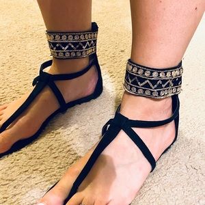 Strappy Black and Gold Sandal with Sequin Detail